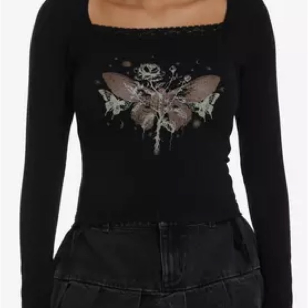 Cosmic Aura Rose & Moth Lace Trim Girls Long-Sleeve Top